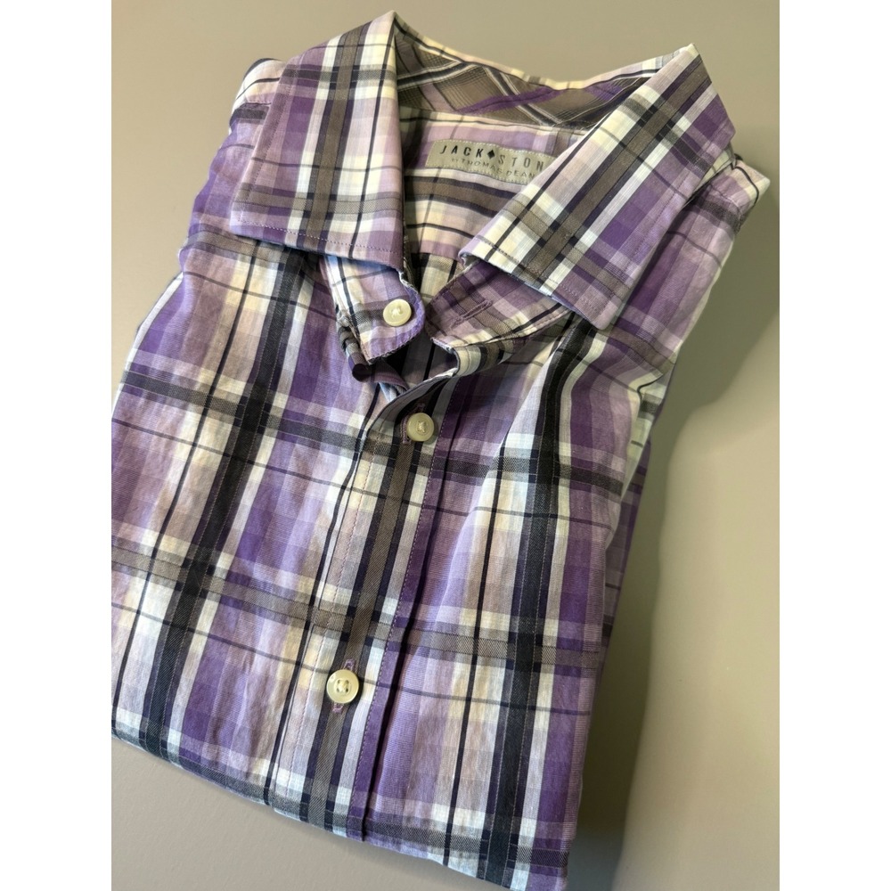 Jack Stone by Thomas Dean Mens XL Purple Plaid Button Down Shirt 100% Cotton